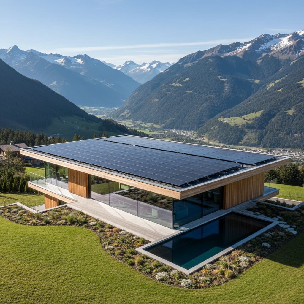 Modernes Wohnhaus mit Solaranlage in der Schweiz